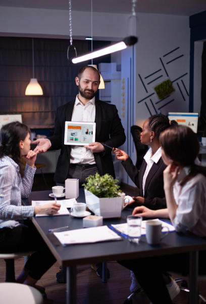 Business entrepreneur man presenting company statistics using tablet for financial presentation Business entrepreneur man presenting company statistics using tablet for financial presentation